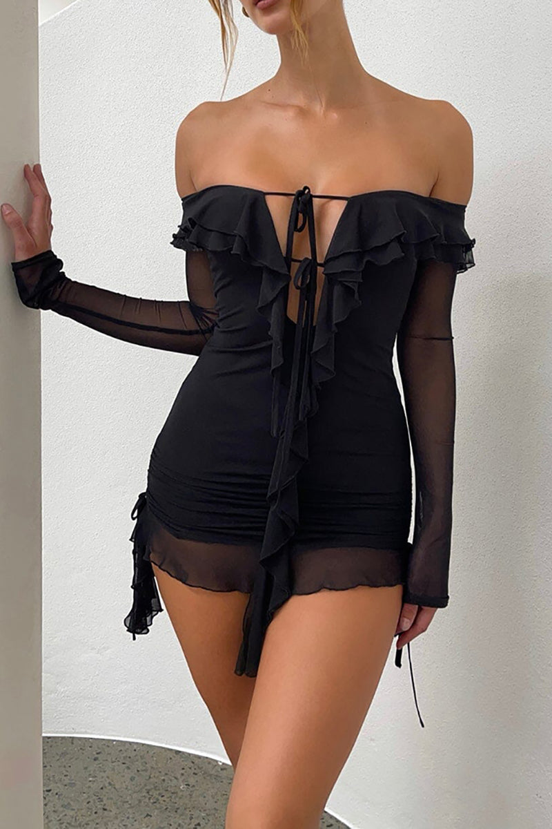 Off Shoulder Long Sleeve Tied Up Ruffle Party Mini Dress Black