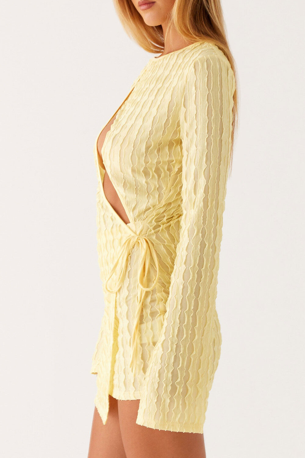 Round Neck Long Sleeve Cutout Tie Up Textured Mini Dresses Yellow