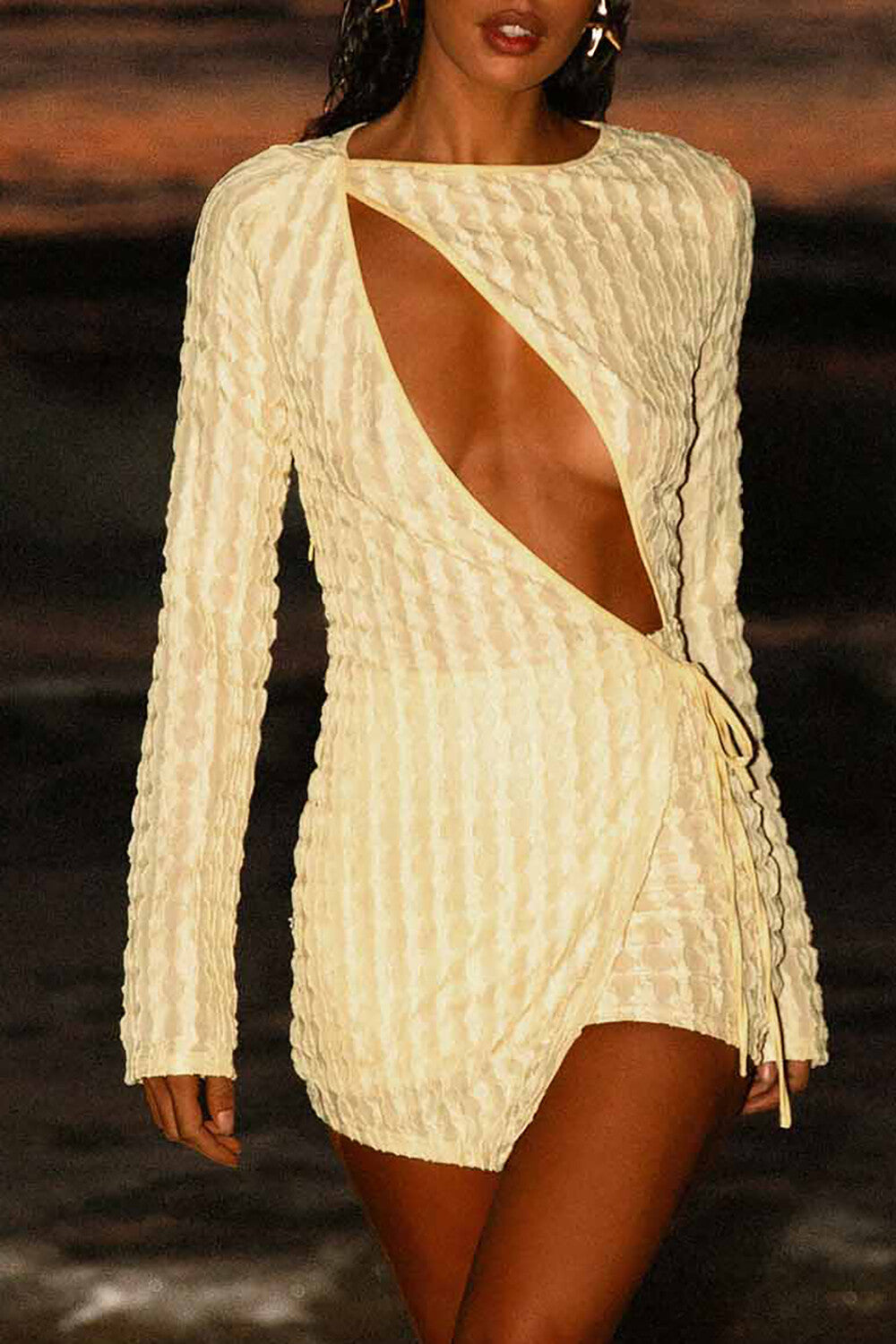 Round Neck Long Sleeve Cutout Tie Up Textured Mini Dresses Yellow
