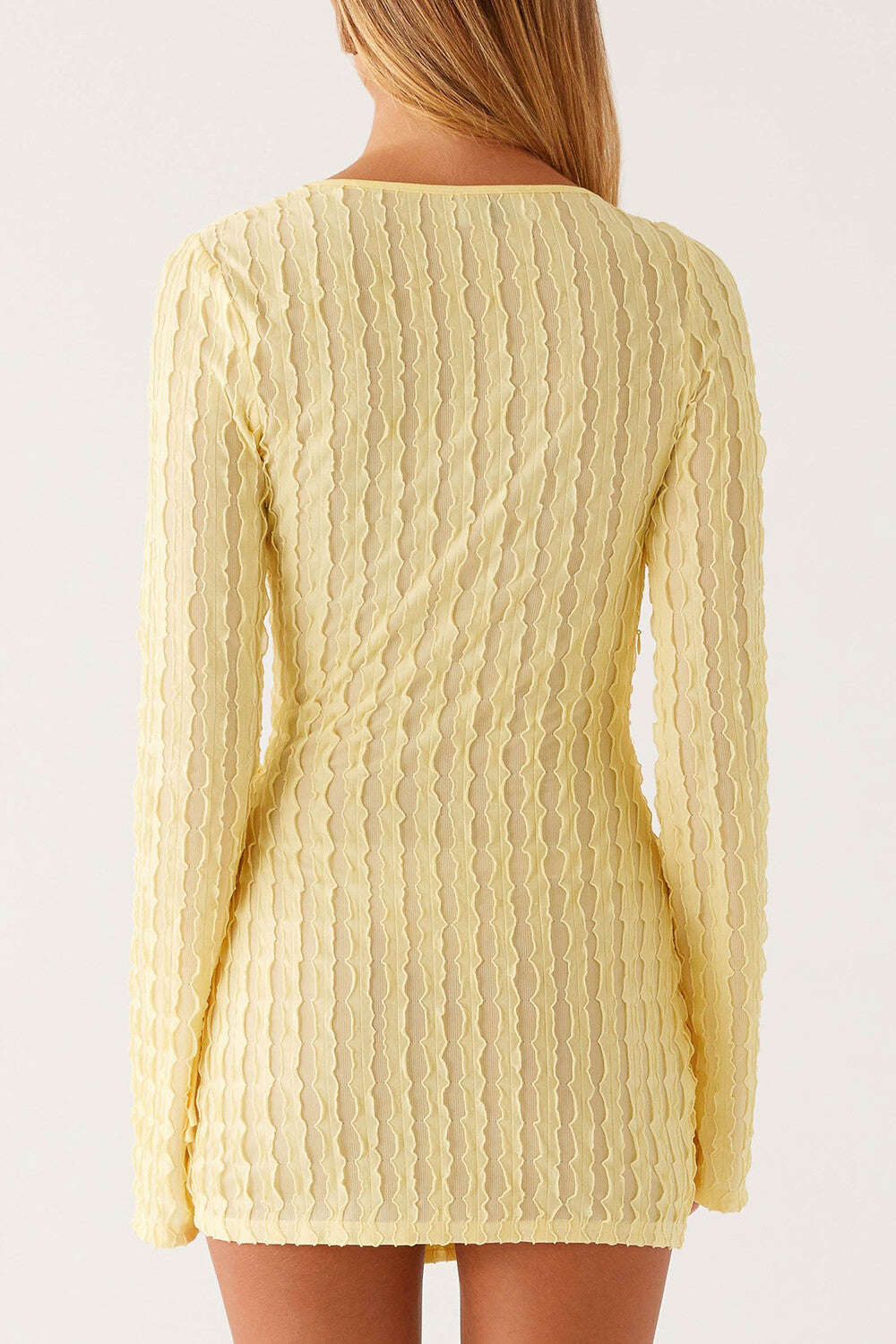 Round Neck Long Sleeve Cutout Tie Up Textured Mini Dresses Yellow
