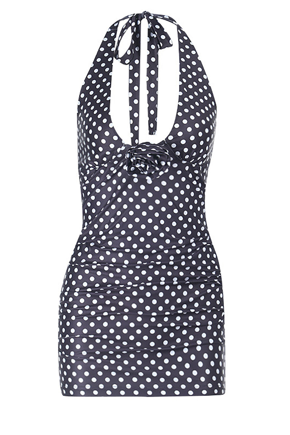 Polka Dot Print Plunge Neck Bodycon Halter Mini Dresses-Black