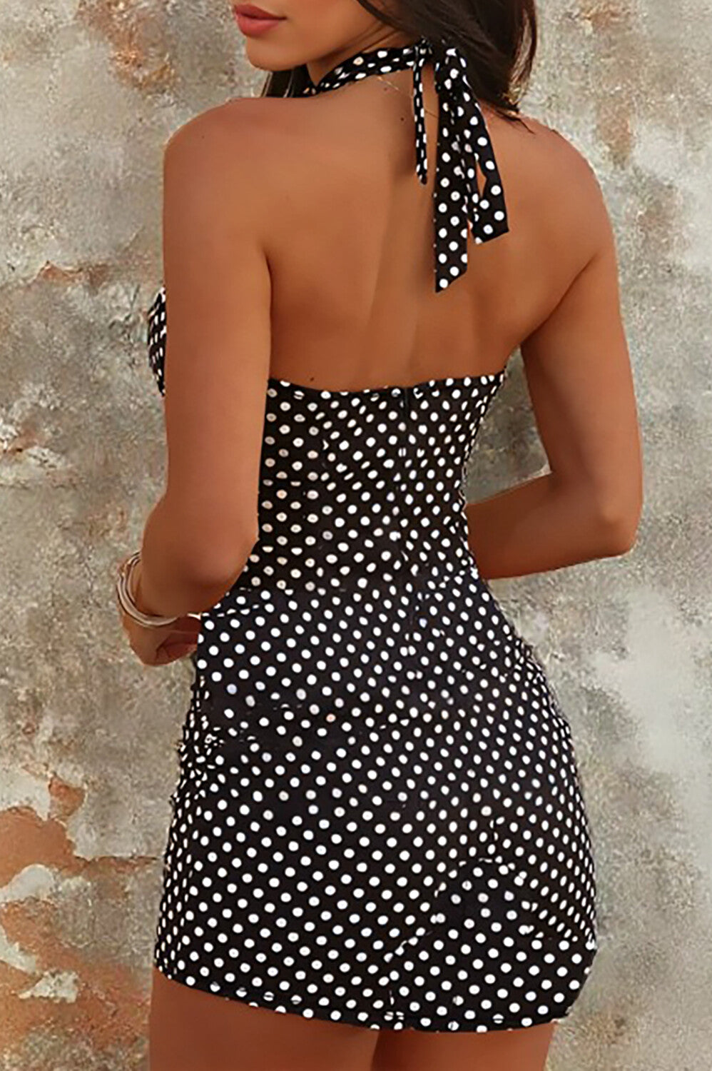 Polka Dot Print Plunge Neck Bodycon Halter Mini Dresses-Black