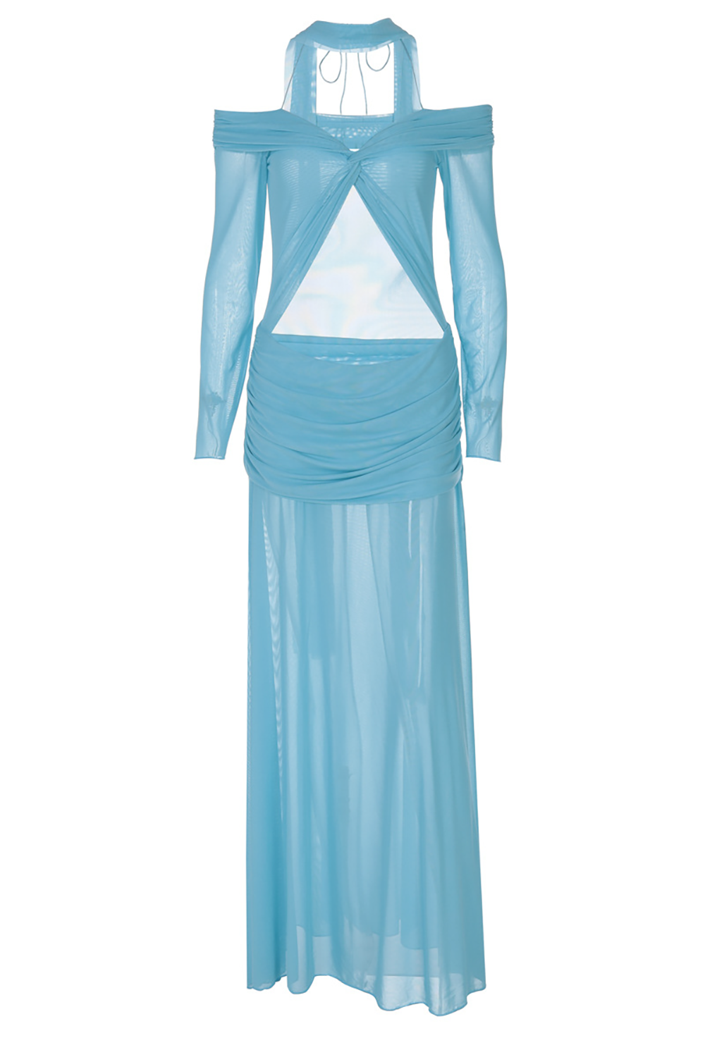Off Shoulder Long Sleeve Cutout Ruched Semi Sheer Maxi Dresses-White