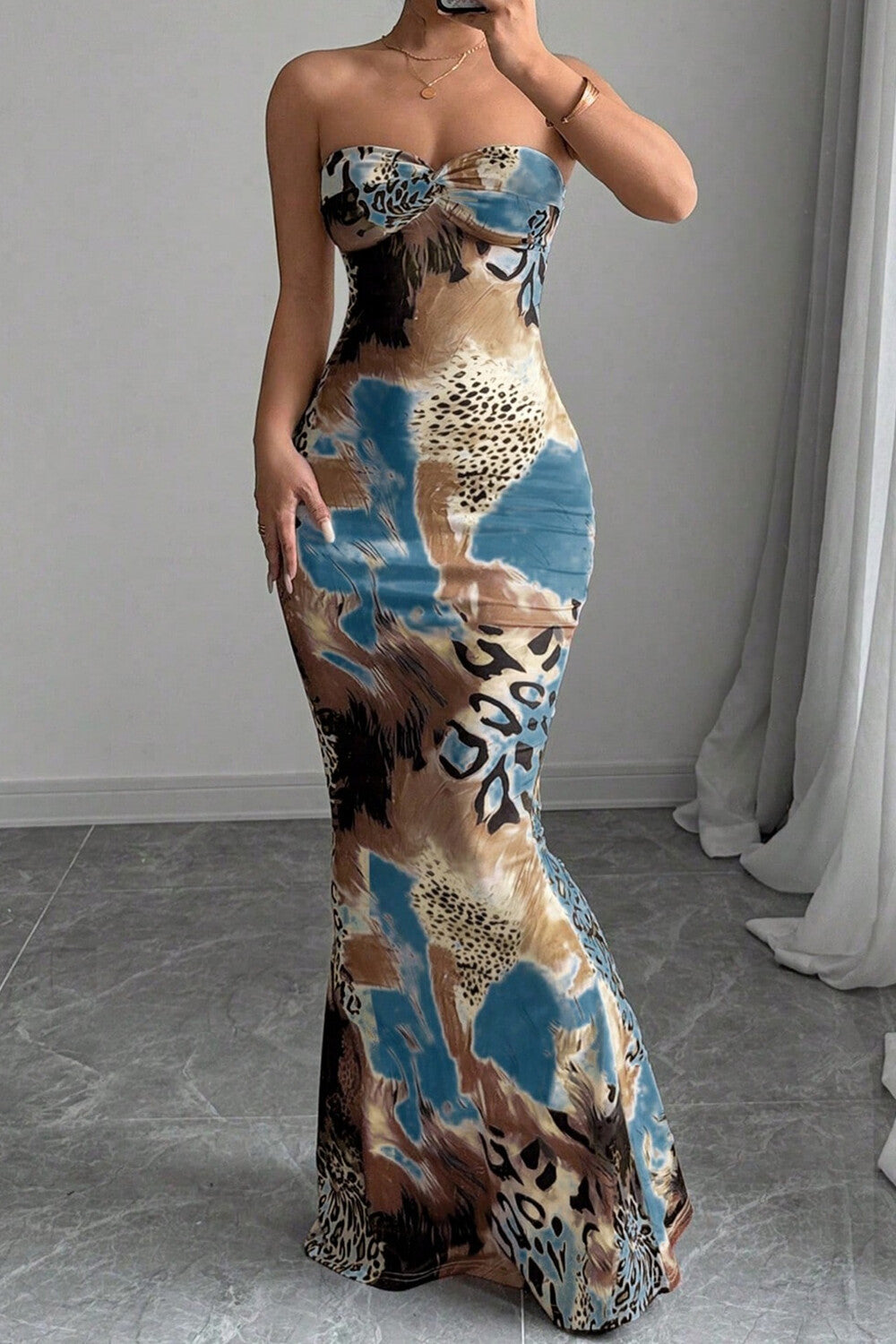 Leopard Mixed Print Strapless Bodycon Fishtail Hem Maxi Dresses-Blue