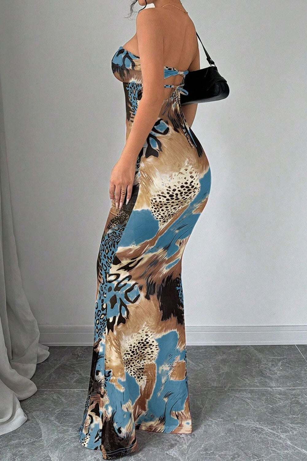 Leopard Mixed Print Strapless Bodycon Fishtail Hem Maxi Dresses-Blue