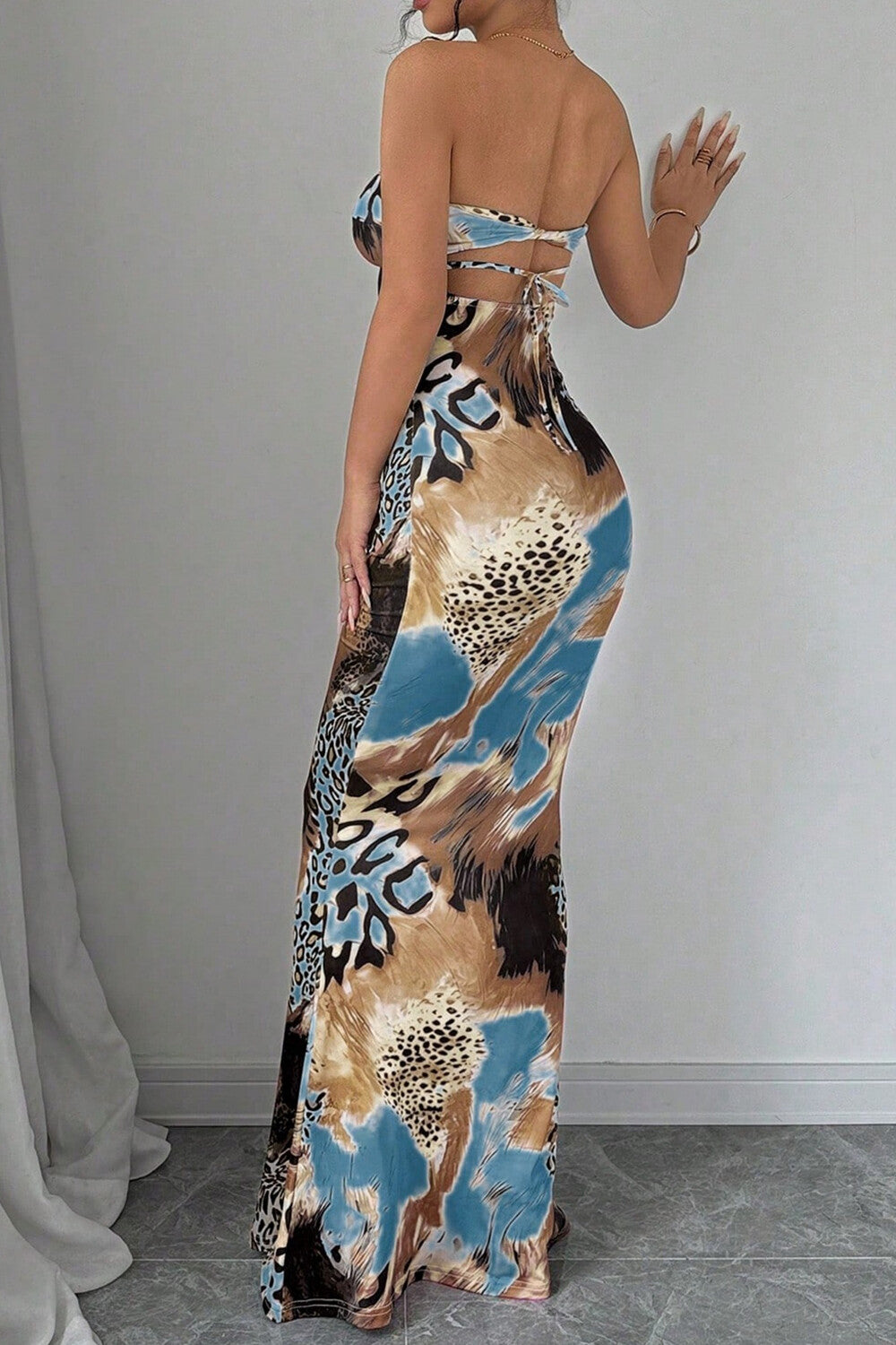 Leopard Mixed Print Strapless Bodycon Fishtail Hem Maxi Dresses-Blue