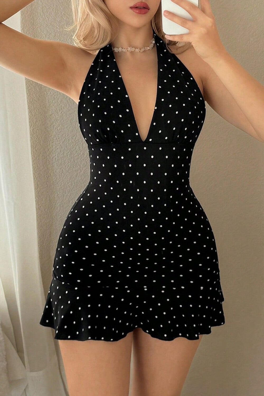 Polka Dot Print Deep V Neck Halter Slim Fit Mini Dresses-Black