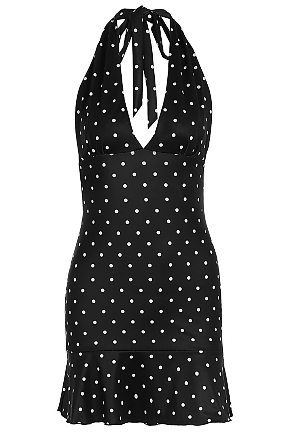 Polka Dot Print Deep V Neck Halter Slim Fit Mini Dresses-Black