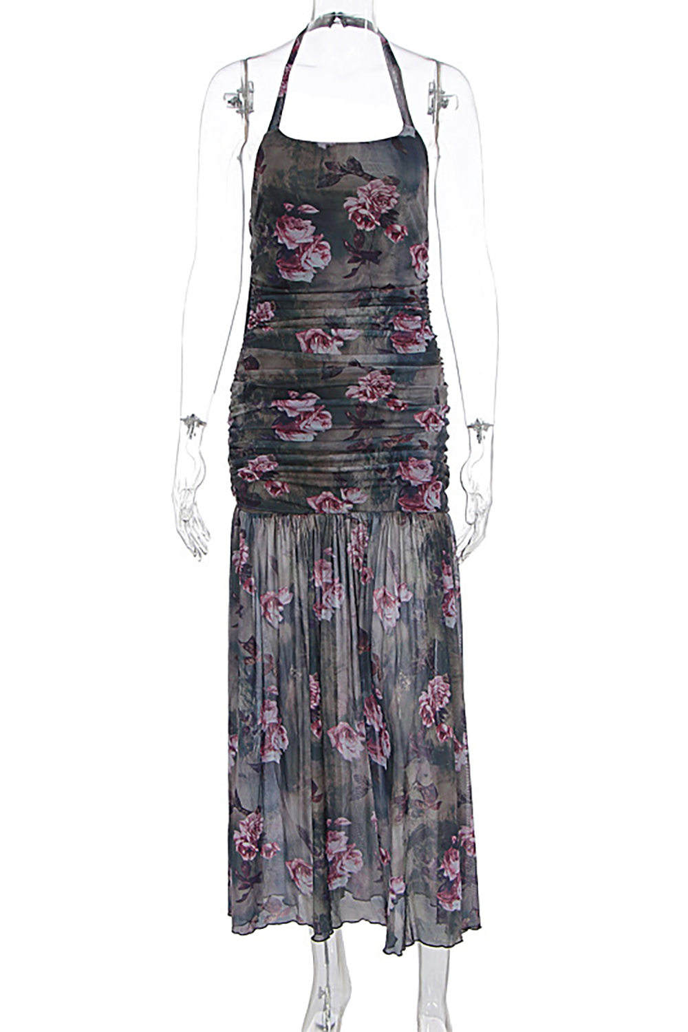 Floral Print Ruched Semi-Fitted See Through Hem Halter Maxi Dresses-Green