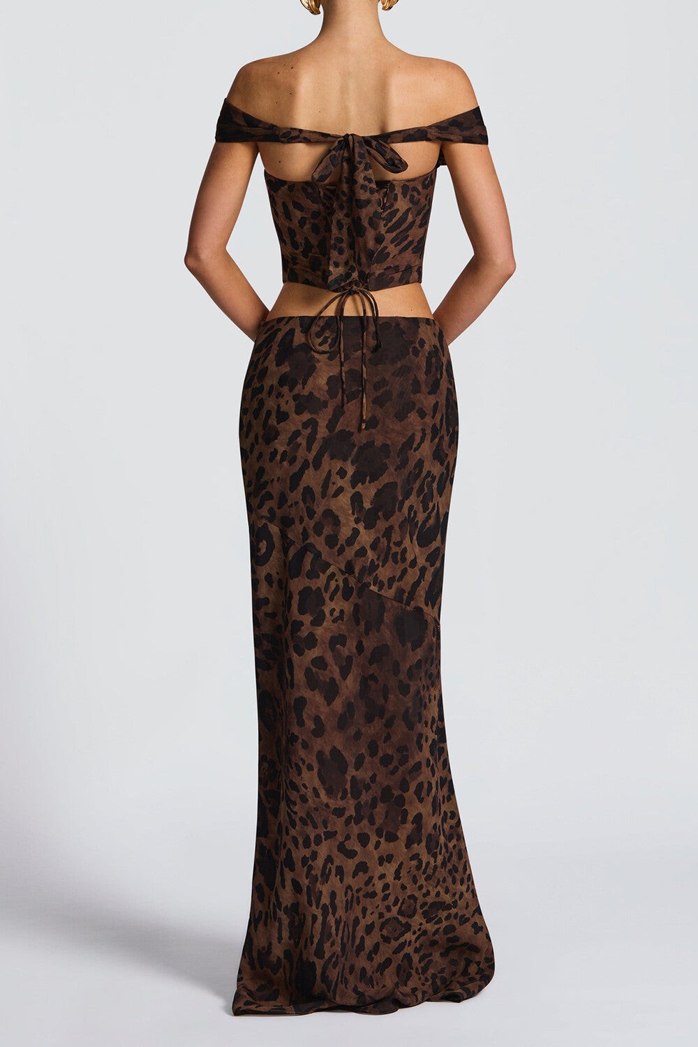 Leopard Print Off Shoulder Crop Top Slim Fit Maxi Skirt 2pcs Set-Brown