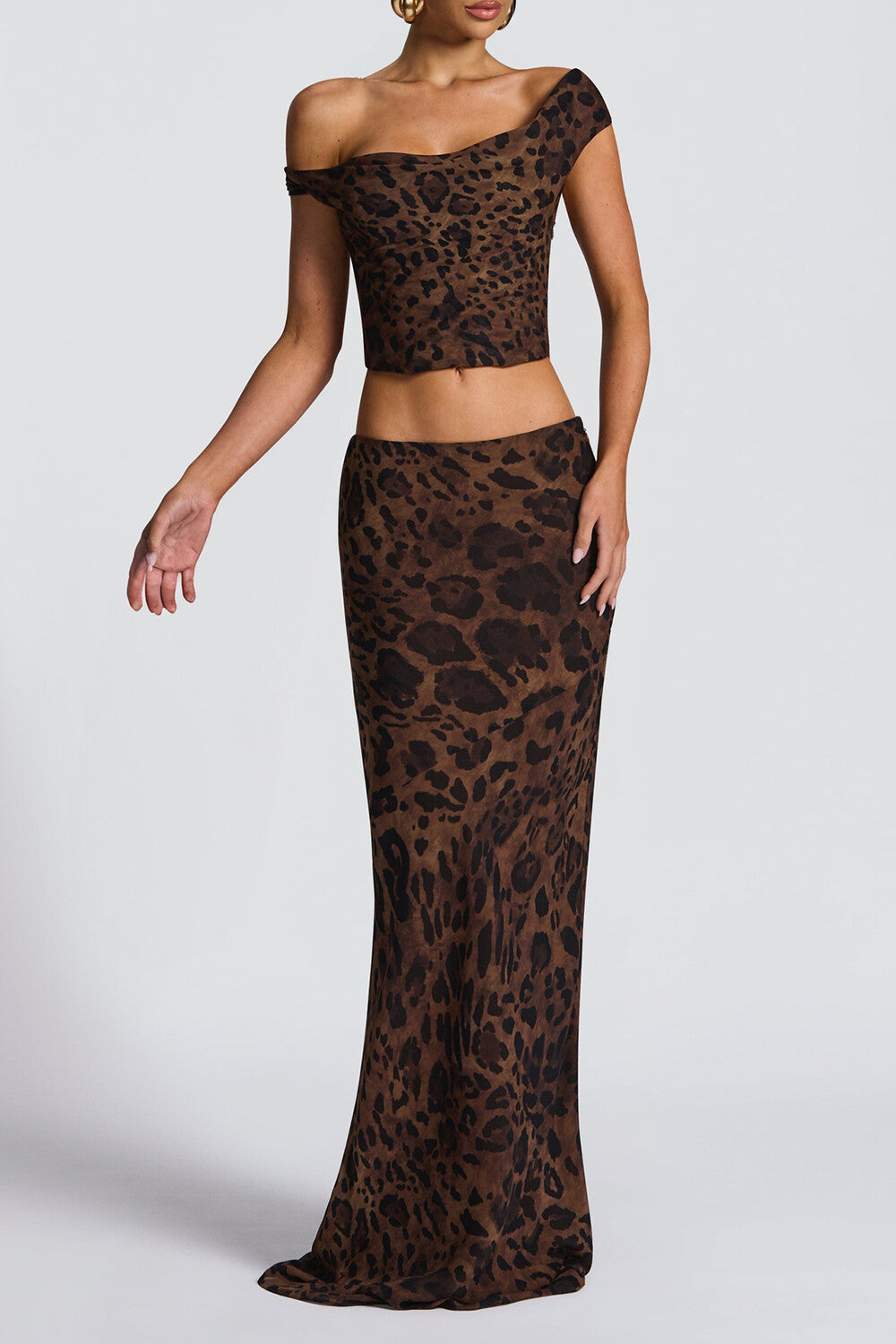 Leopard Print Off Shoulder Crop Top Slim Fit Maxi Skirt 2pcs Set-Brown