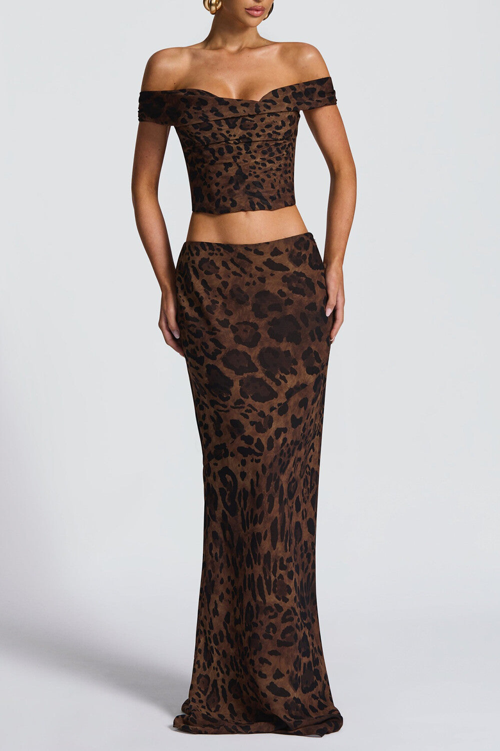 Leopard Print Off Shoulder Crop Top Slim Fit Maxi Skirt 2pcs Set-Brown