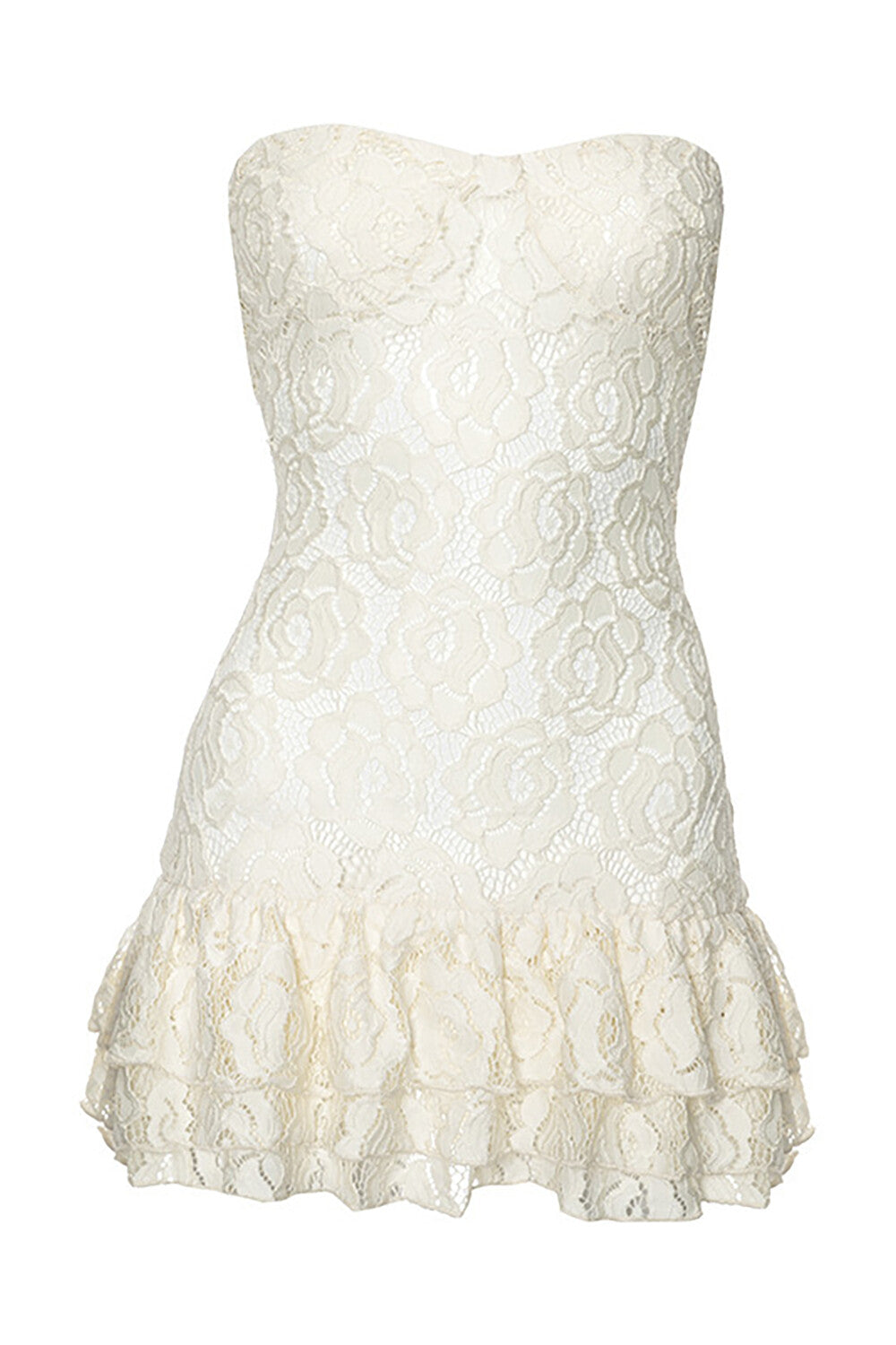 Strapless Floral Lace Layered Ruffled Hem Slim Fit Mini Dresses-Ivory