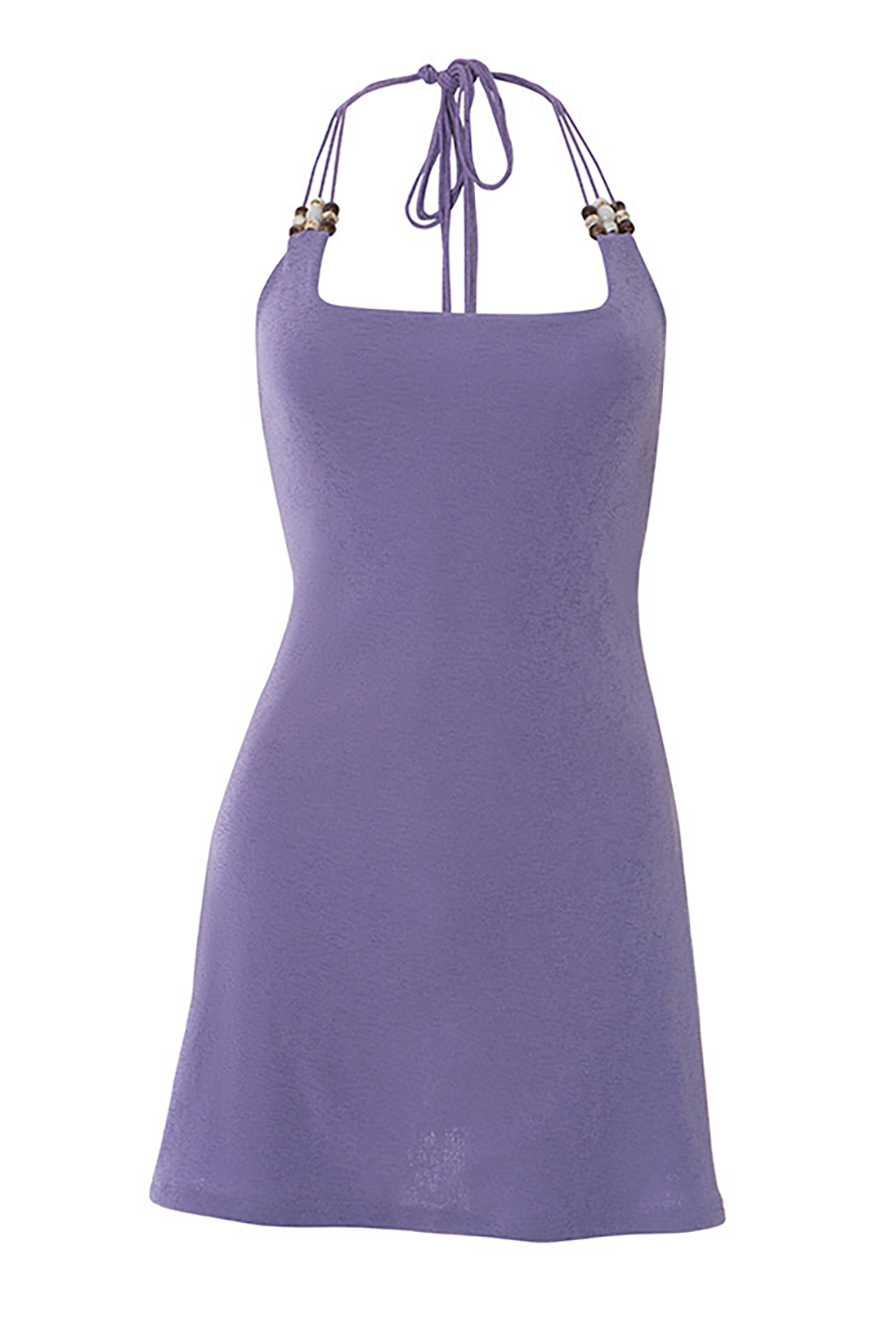 Beaded Halter Neck Solid Color Slim Fit Casual Mini Dresses-Purple