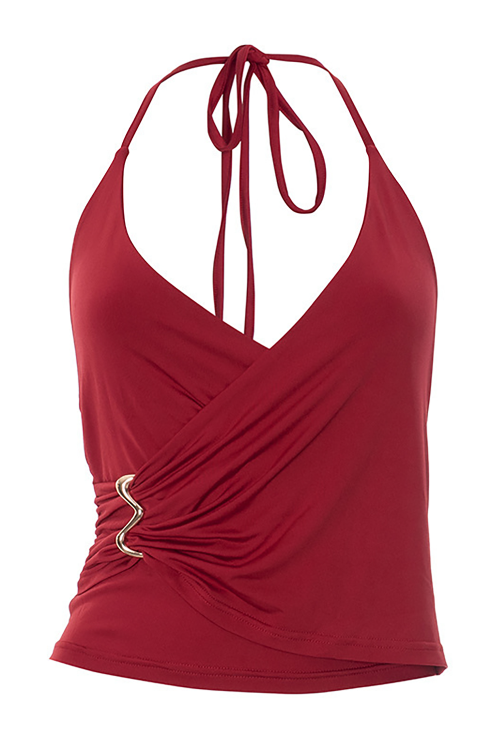 Deep V Neck Halter Metal Decor Wrapped Ruched Slim Fit Crop Top-Burgundy