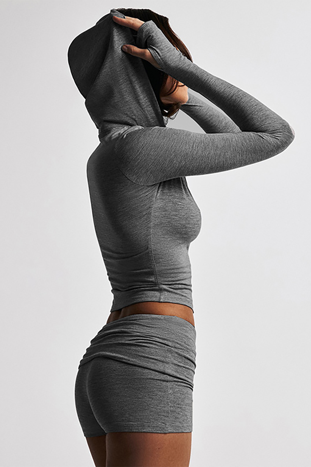 Zipper Long Sleeve Hoodie Solid Color Ruched Slim Fit Shorts 2pcs Set-Gray