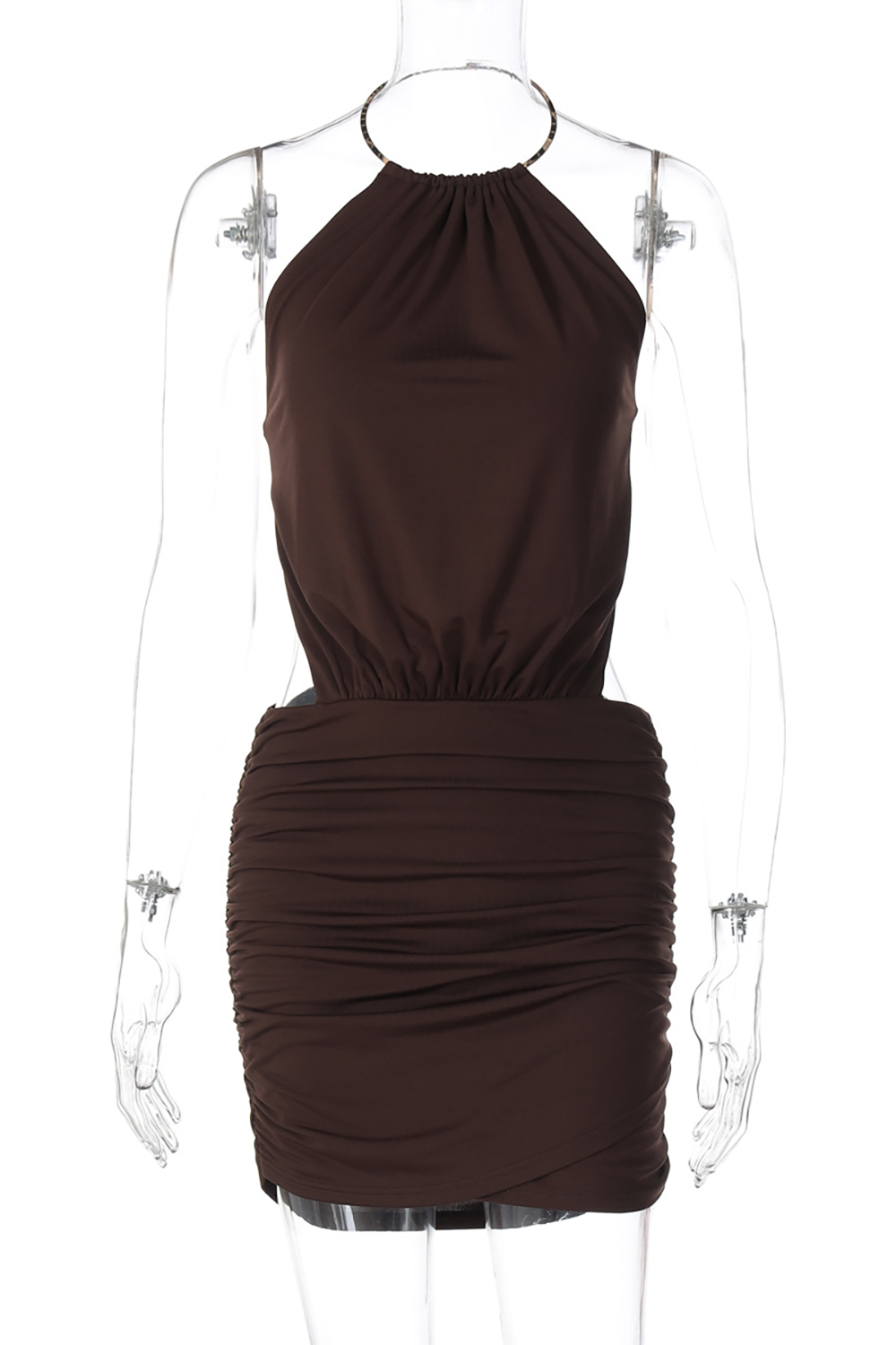 Solid Color Ruched Bodycon Halter Open Back Mini Dresses-Red