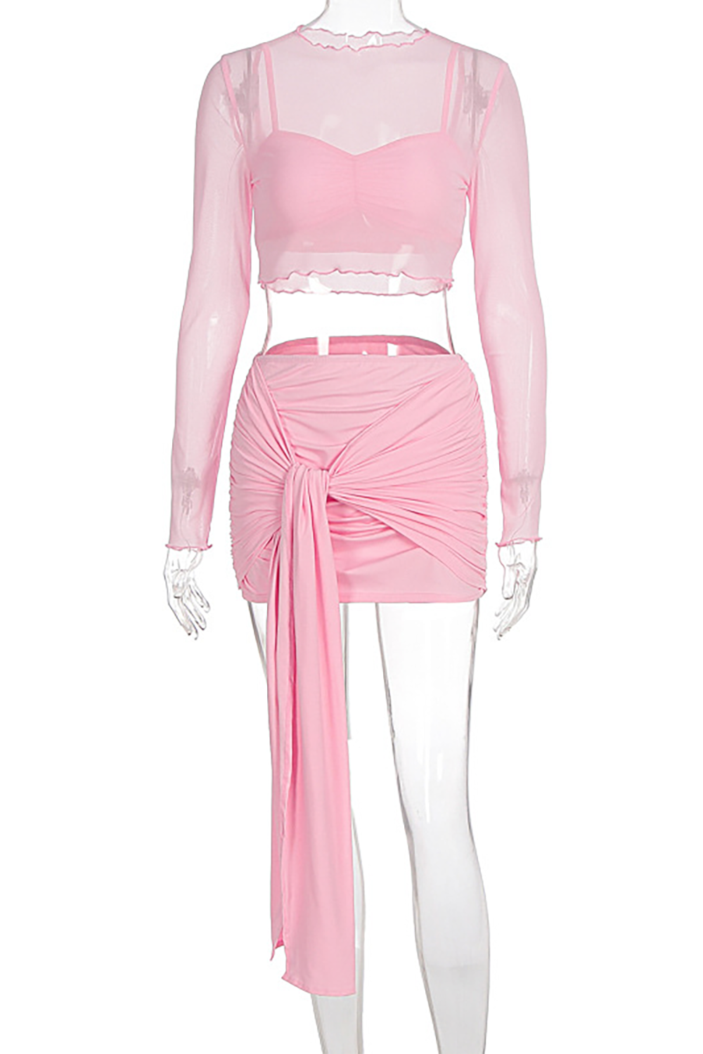 Mesh Long Sleeve Crop Top Crop Cami Ruched Tie Up Sash Mini Skirt 3pcs Set-Pink