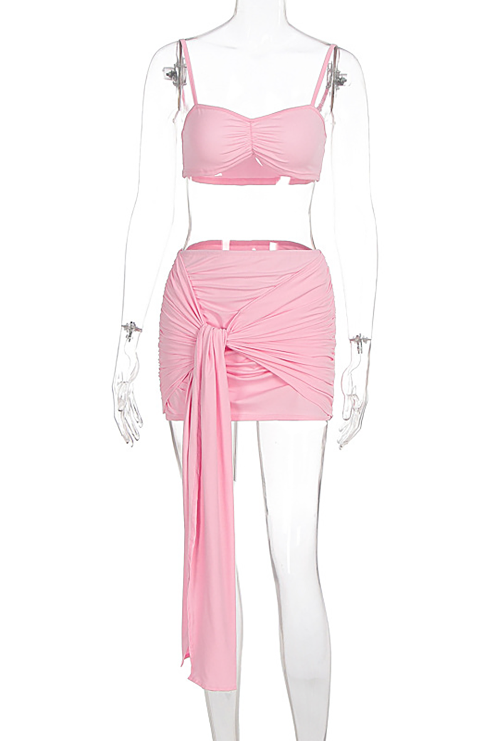 Mesh Long Sleeve Crop Top Crop Cami Ruched Tie Up Sash Mini Skirt 3pcs Set-Pink