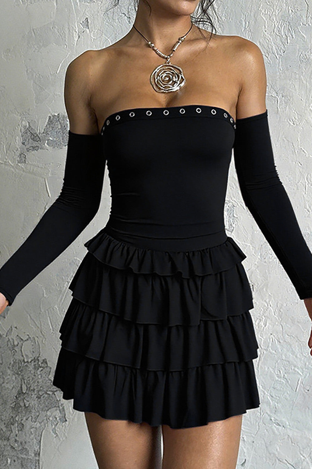 Eyelet Trim Strapless Layered Ruffled Mini Dresses Oversleeves Set-Black