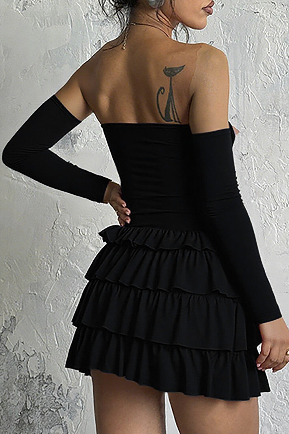 Eyelet Trim Strapless Layered Ruffled Mini Dresses Oversleeves Set-Black