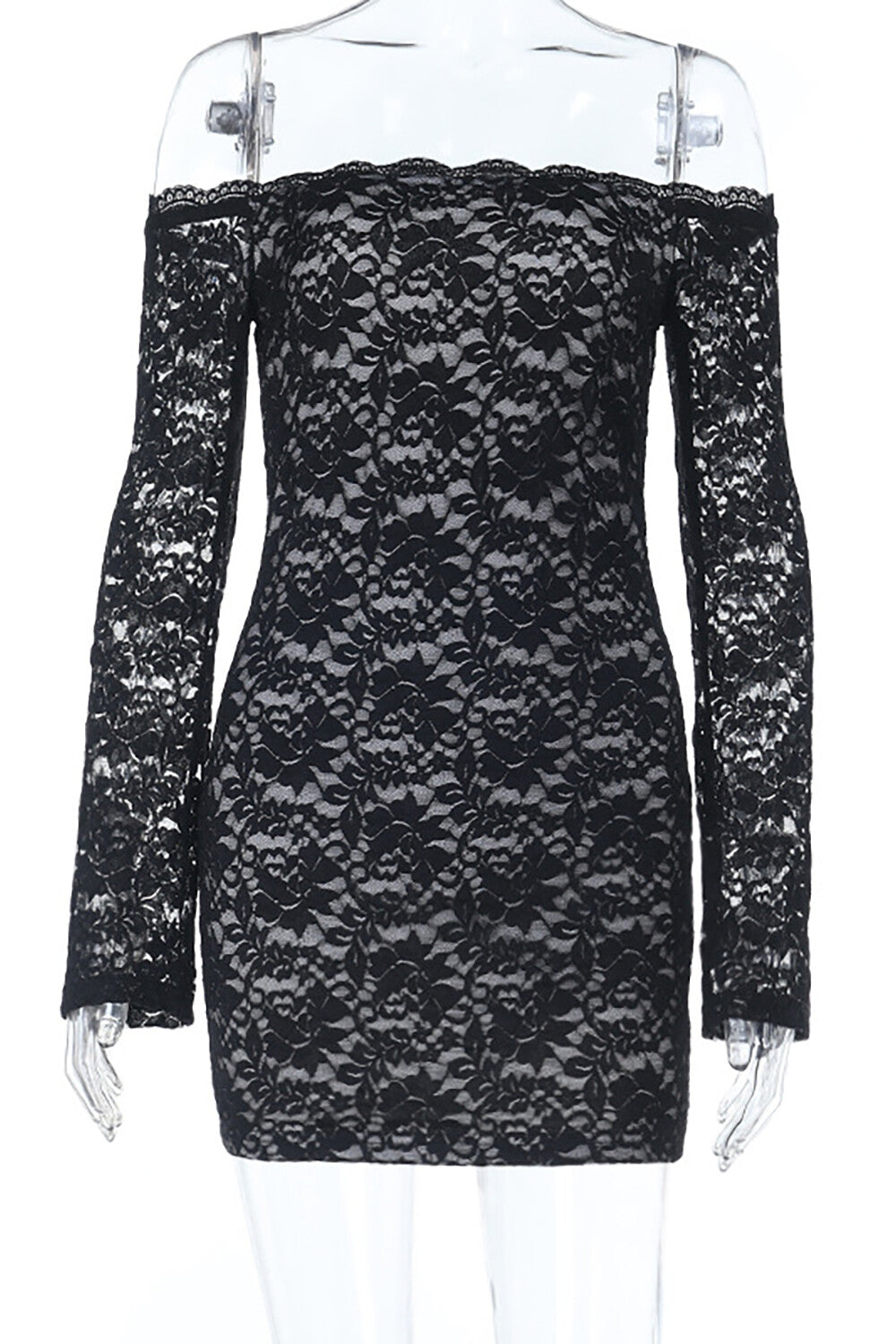 Off Shoulder Long Sleeve Floral Lace Bodycon Mini Dresses-Black