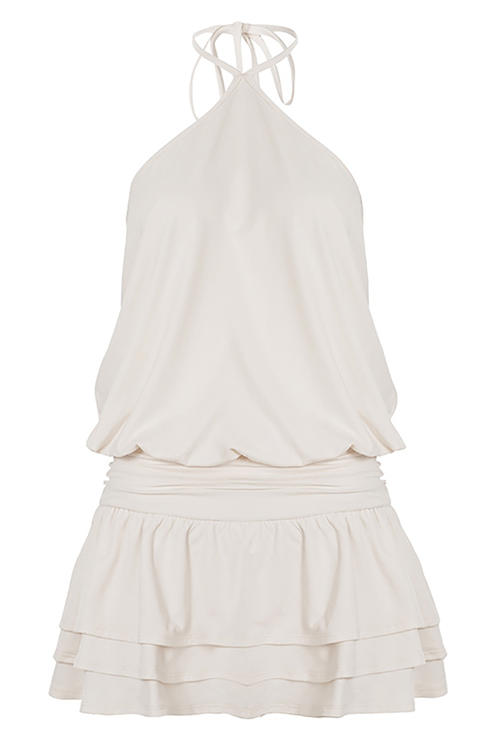 Halter Neck Cinch Waist Layered Ruffled Hem Solid Color Mini Dresses-Beige
