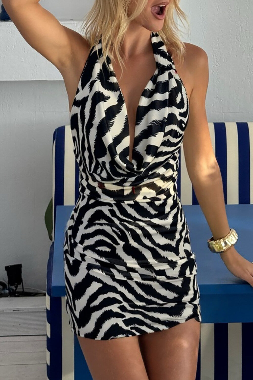 Zebra Print Cowl Neckline Bodycon Halter Mini Dresses-Black