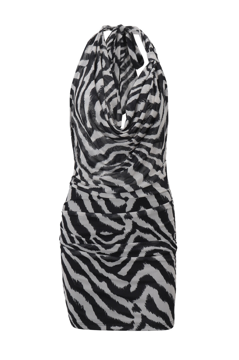 Zebra Print Cowl Neckline Bodycon Halter Mini Dresses-Black