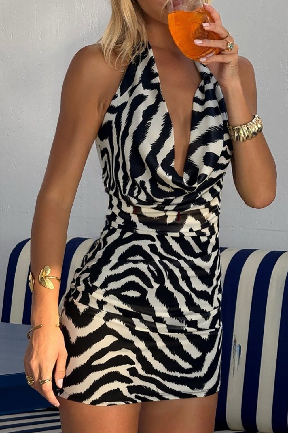 Zebra Print Cowl Neckline Bodycon Halter Mini Dresses-Black