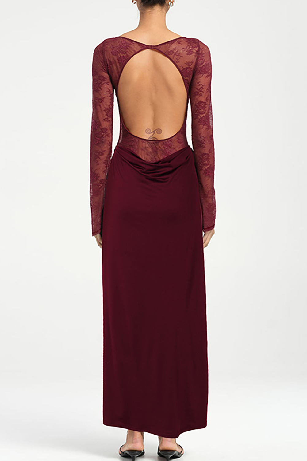 Floral Lace Patchwork Long Sleeve Ruched Slim Fit Maxi Dresses-Brown
