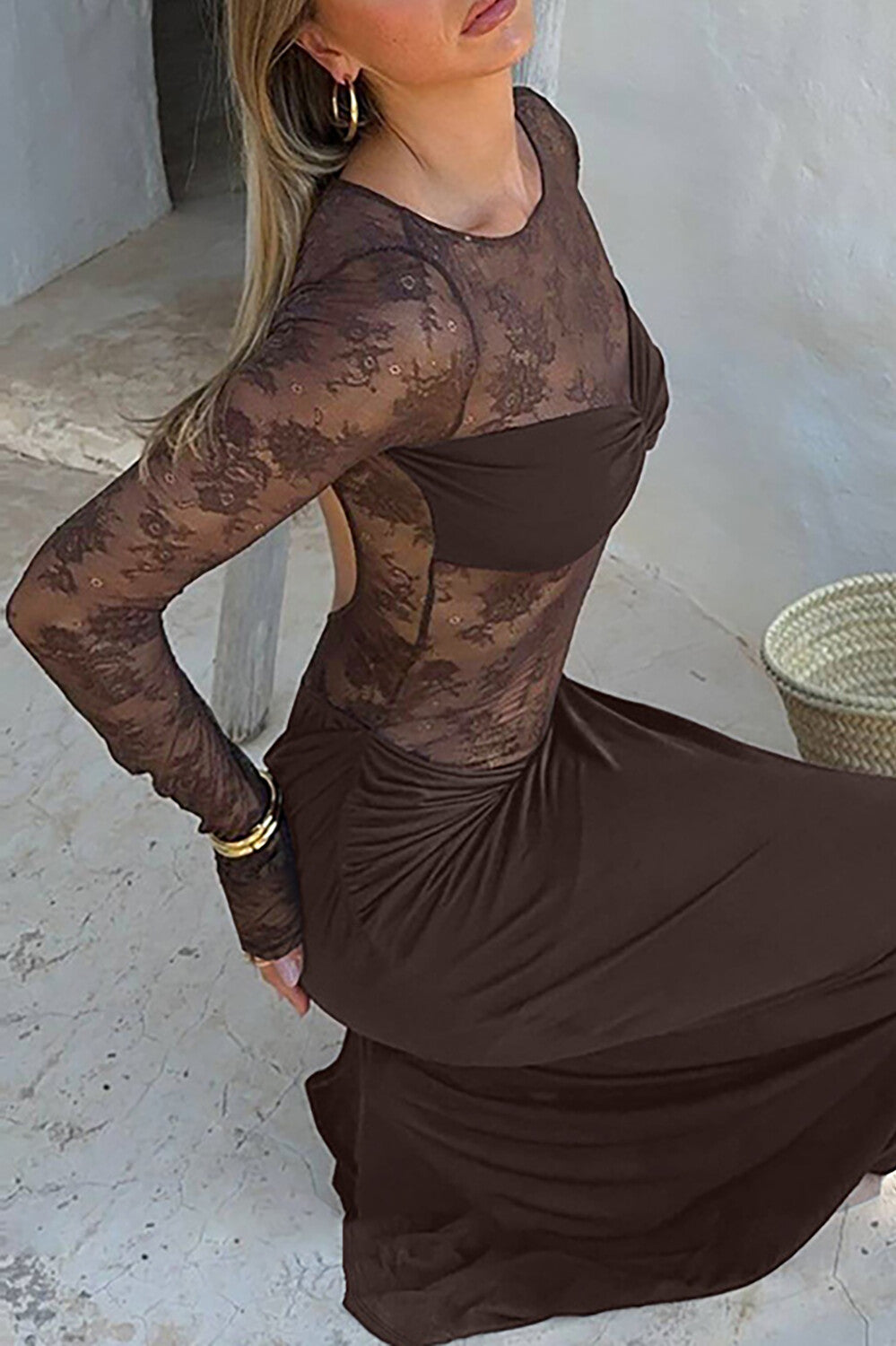 Floral Lace Patchwork Long Sleeve Ruched Slim Fit Maxi Dresses-Brown