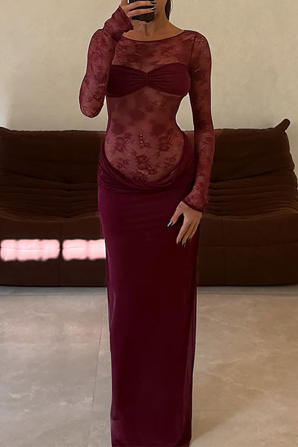 Floral Lace Patchwork Long Sleeve Ruched Slim Fit Maxi Dresses-Brown