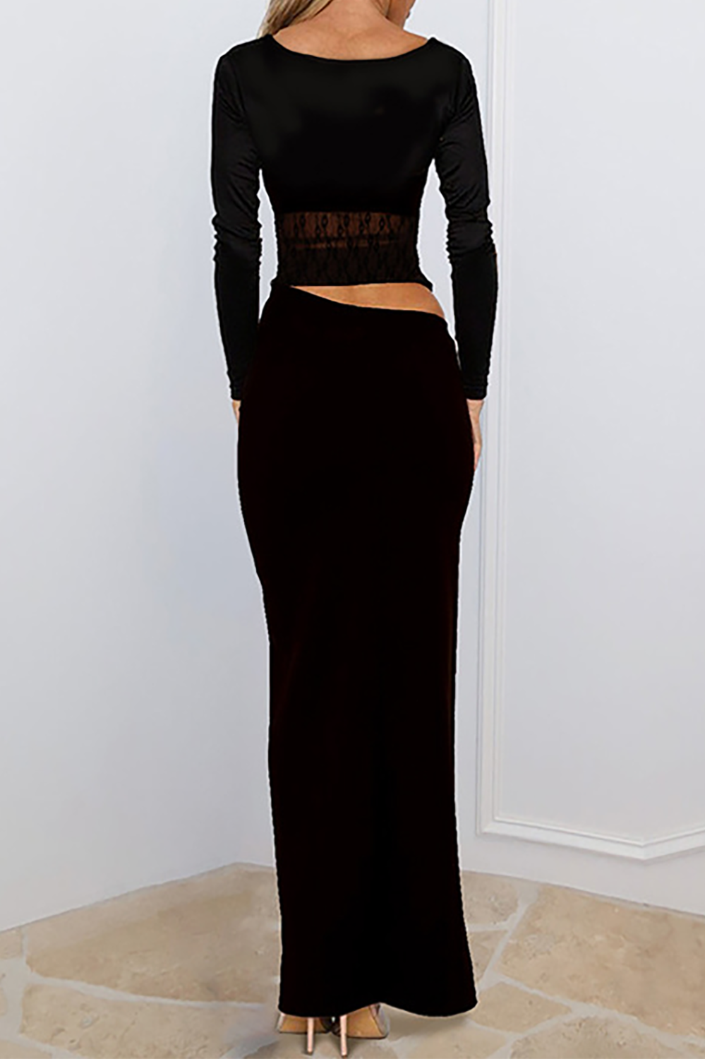 V Neck Long Sleeve Lace Patchwork Cutout Slim Fit Maxi Dresses-Black
