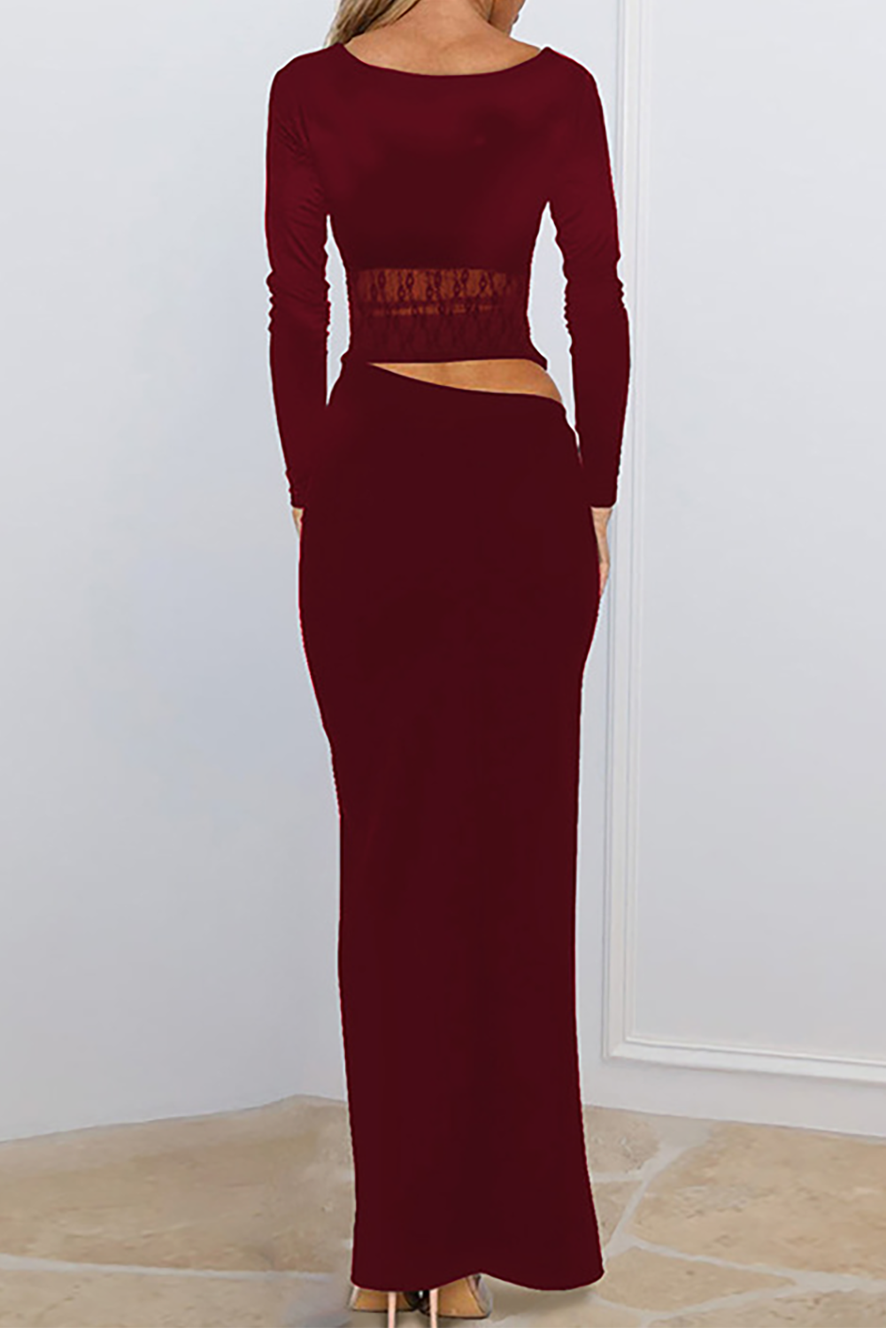 V Neck Long Sleeve Lace Patchwork Cutout Slim Fit Maxi Dresses-Black