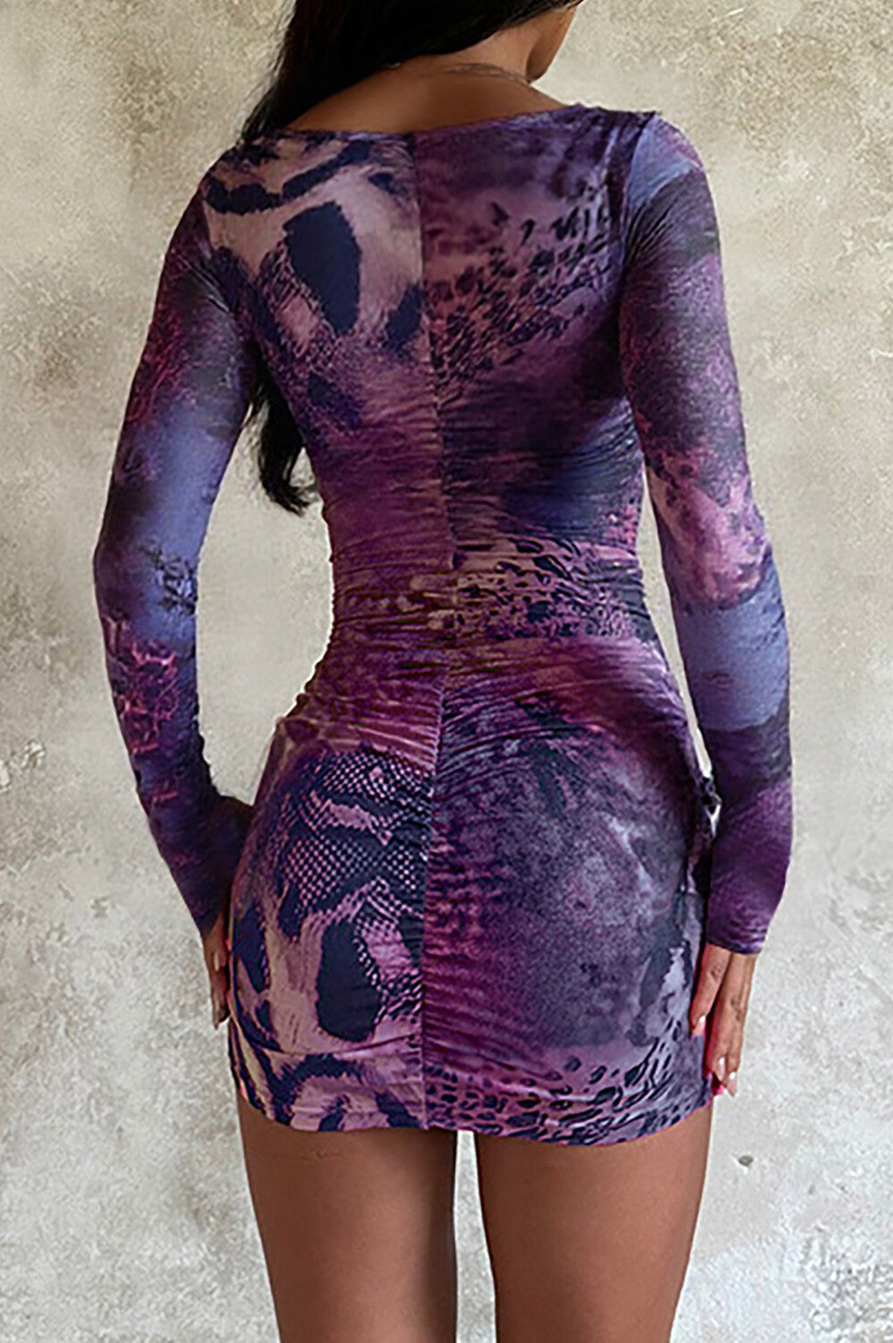 Irregular Neck Long Sleeve Mixed Print Layered Ruffled Mini Dresses-Purple