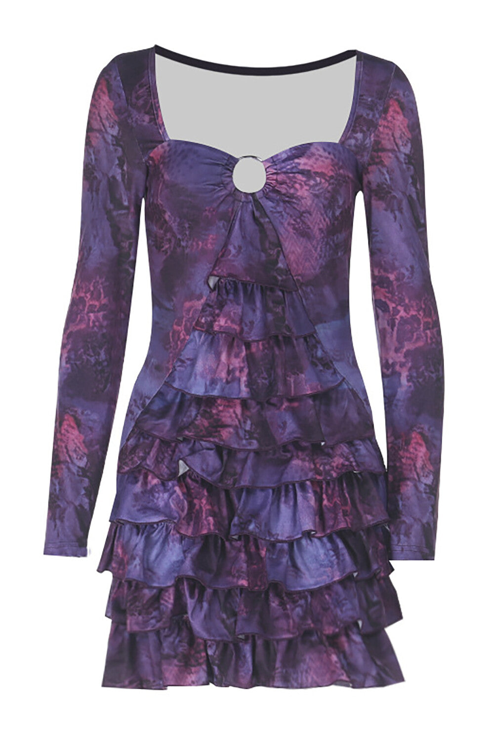 Irregular Neck Long Sleeve Mixed Print Layered Ruffled Mini Dresses-Purple