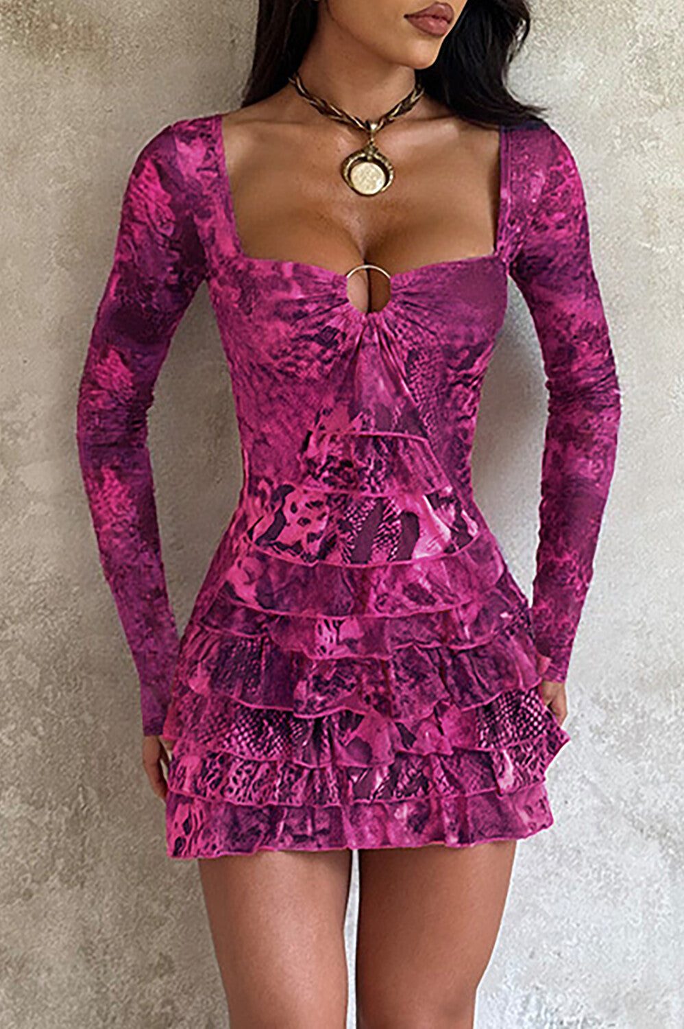 Irregular Neck Long Sleeve Mixed Print Layered Ruffled Mini Dresses-Purple