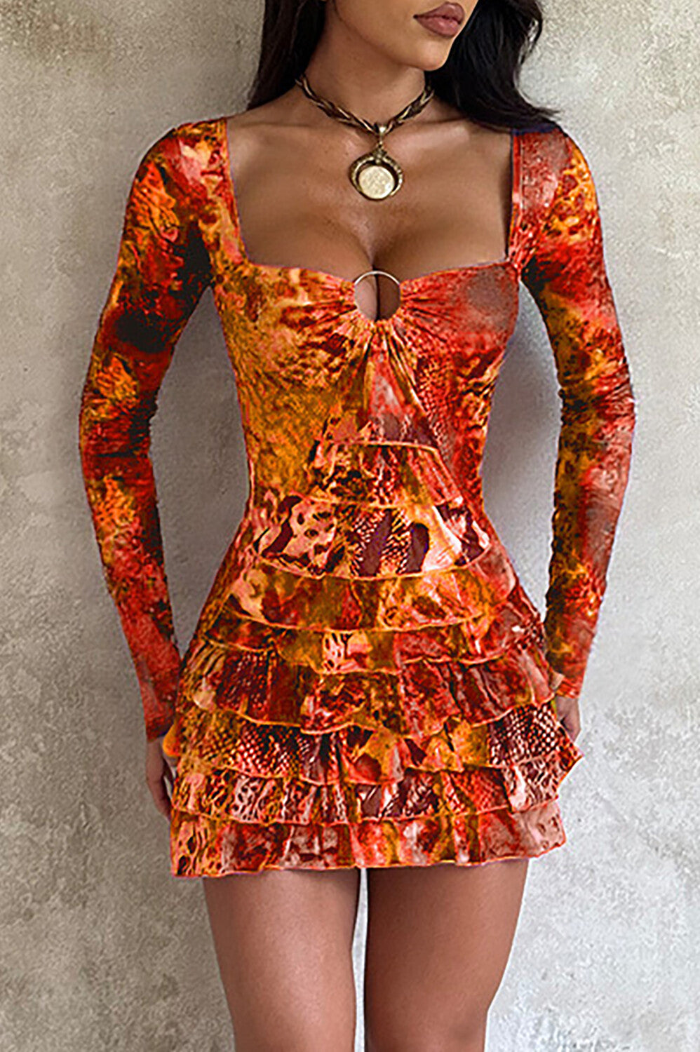 Irregular Neck Long Sleeve Mixed Print Layered Ruffled Mini Dresses-Purple