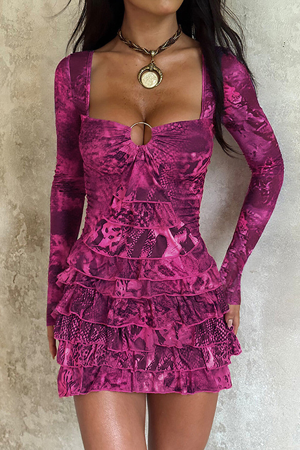 Irregular Neck Long Sleeve Mixed Print Layered Ruffled Mini Dresses-Purple