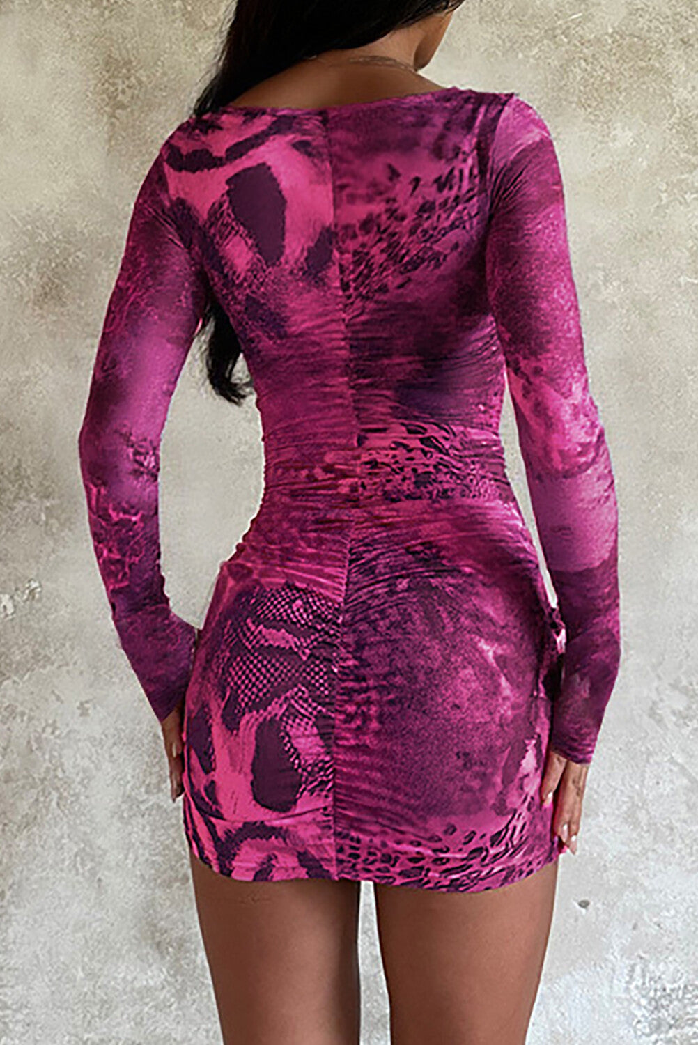 Irregular Neck Long Sleeve Mixed Print Layered Ruffled Mini Dresses-Purple