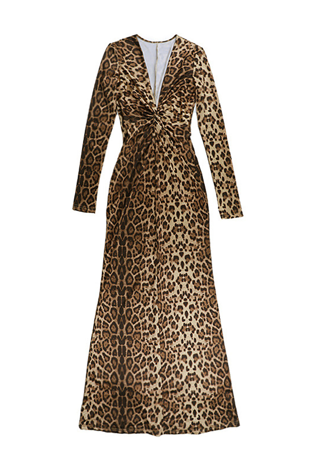 Deep V Neck Long Sleeve Leopard Print Bodycon Maxi Dresses-LightBrown