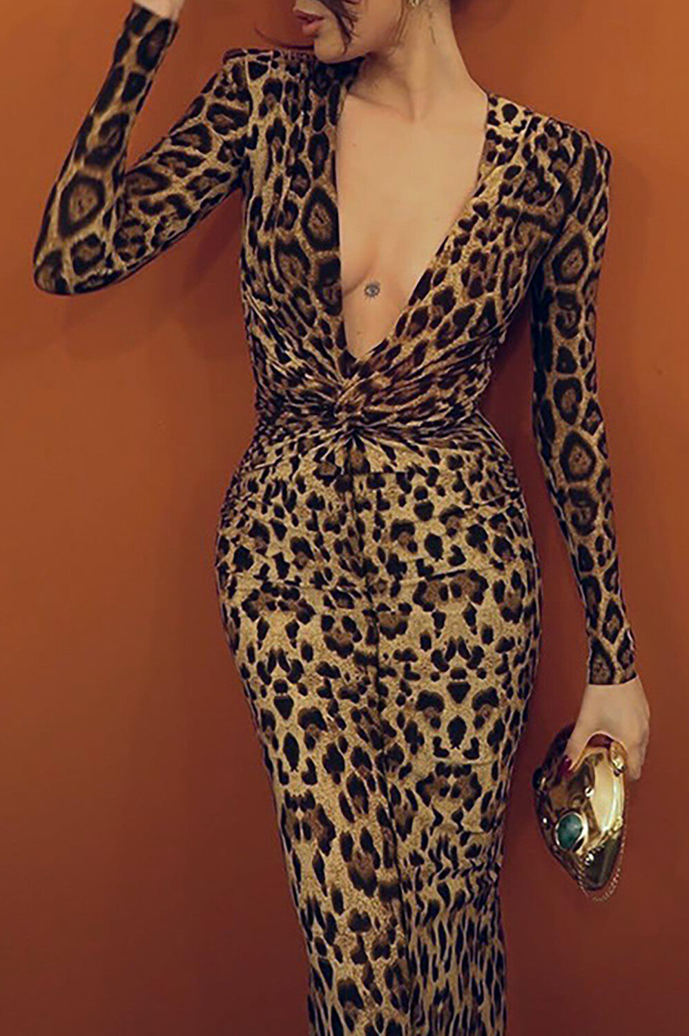 Deep V Neck Long Sleeve Leopard Print Bodycon Maxi Dresses-LightBrown