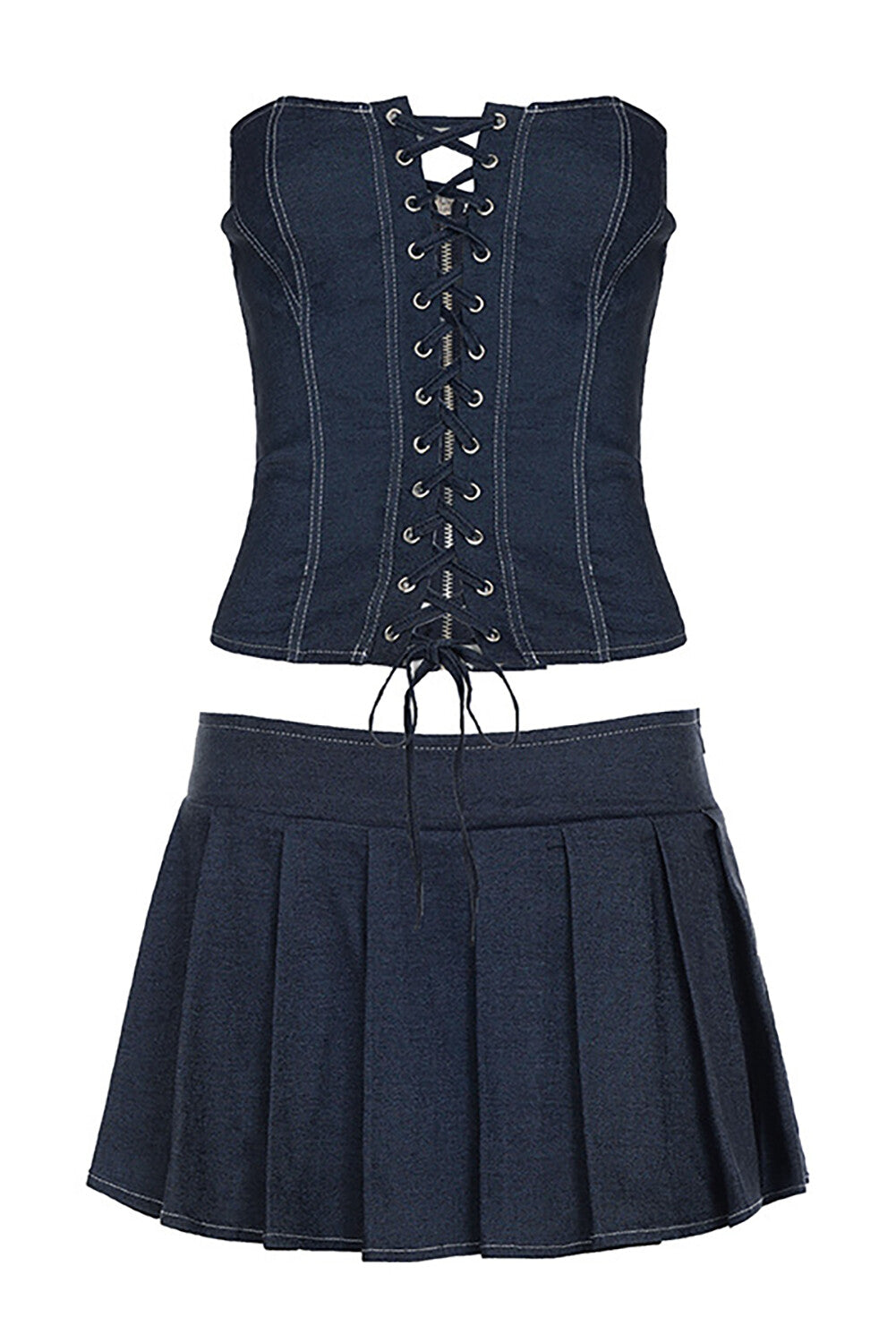 Imitated Denim Strapless Lace Up Slim Fit Top Pleated Mini Skirt 2pcs Set-Navy