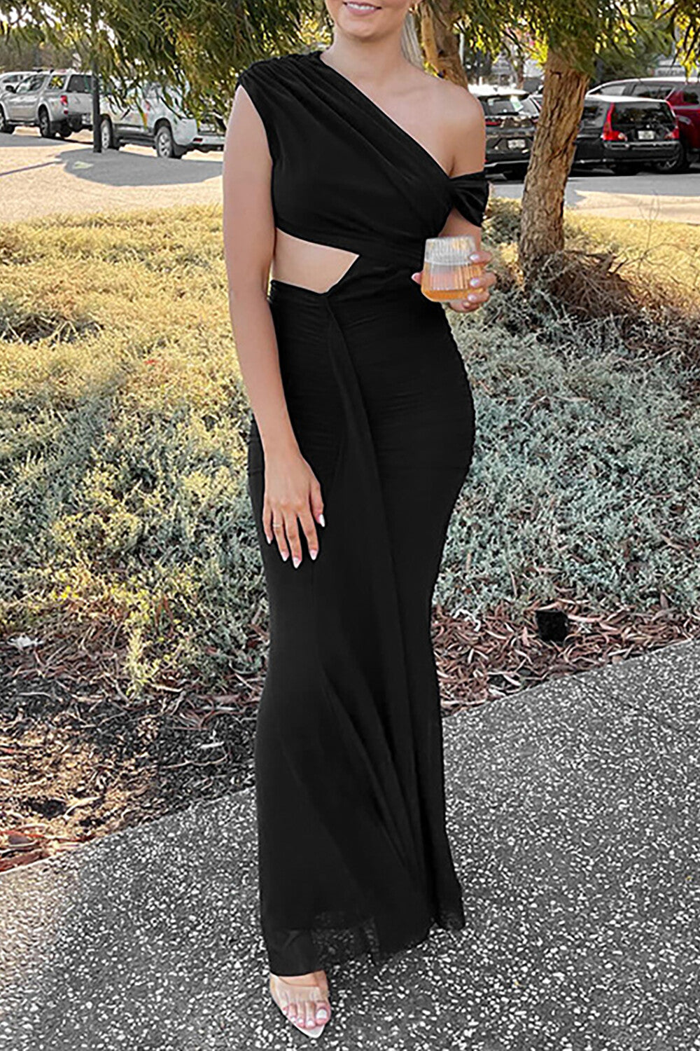Skew Neck Waist Cutout Ruched Slim Fit Semi Sheer Hem Maxi Dresses-Pink