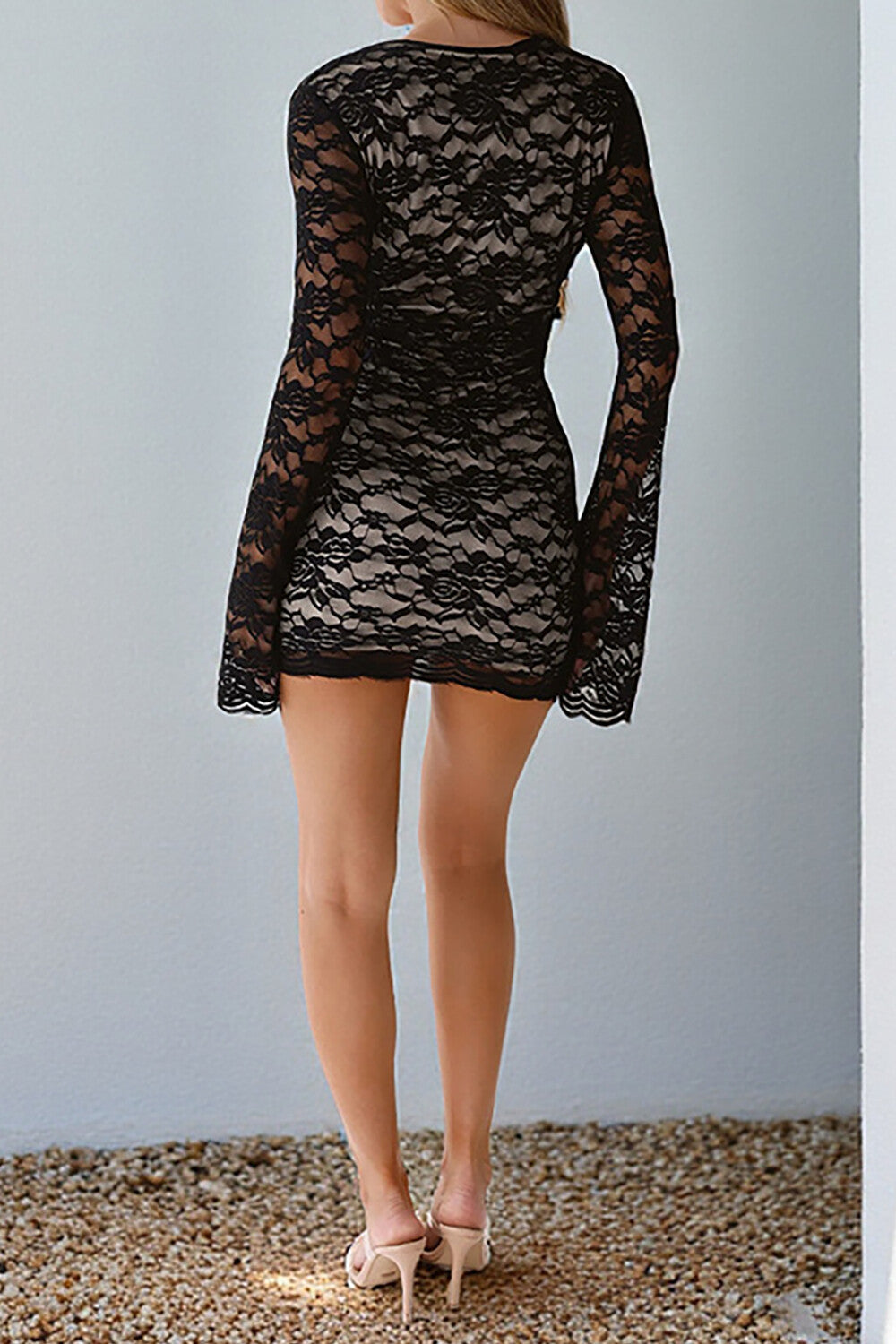Deep V Neck Tie Up Cutout Flare Sleeve Floral Lace Fitted Mini Dresses-Black