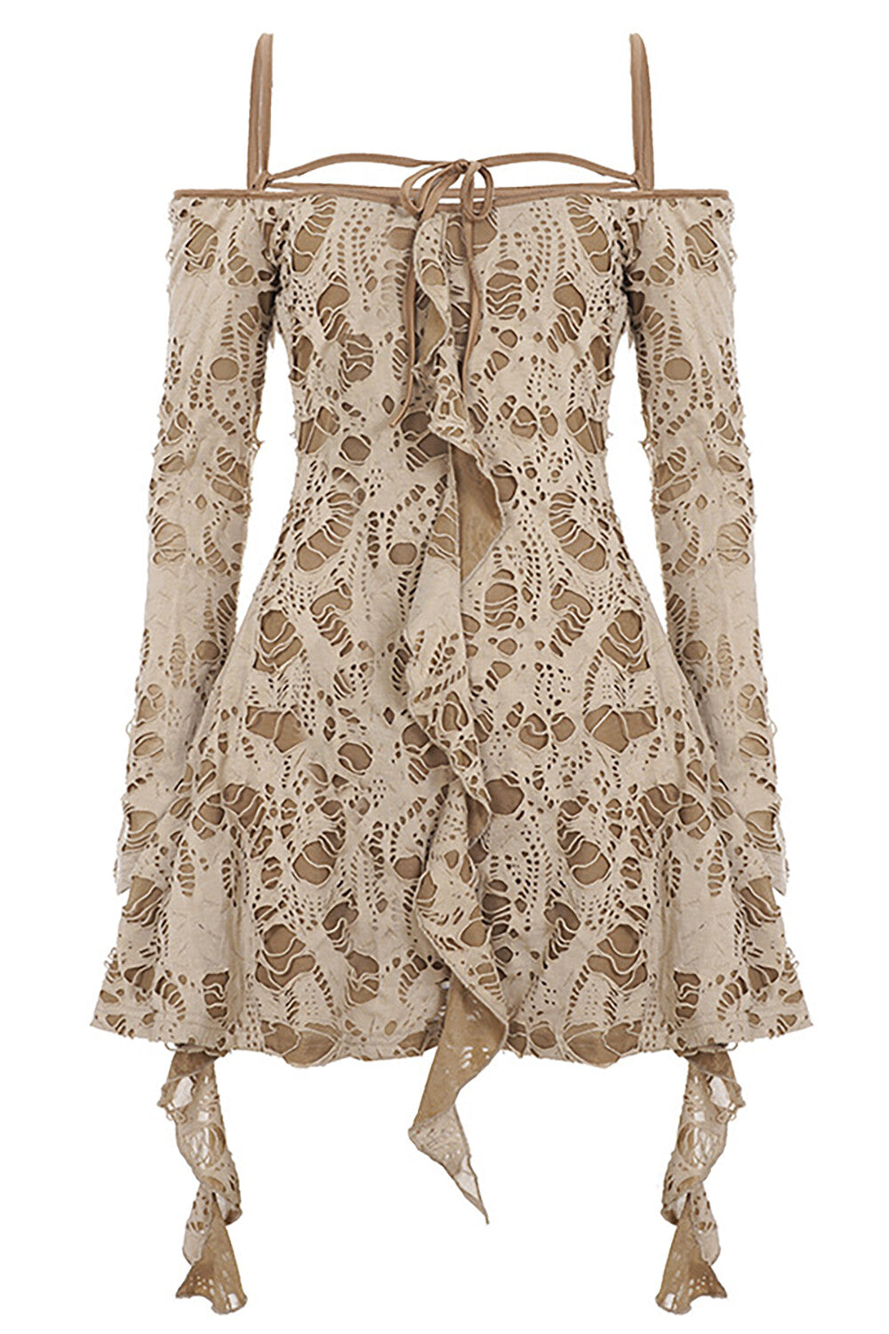Off Shoulder Long Sleeve Ruffled Ripped Mini Dresses-Khaki
