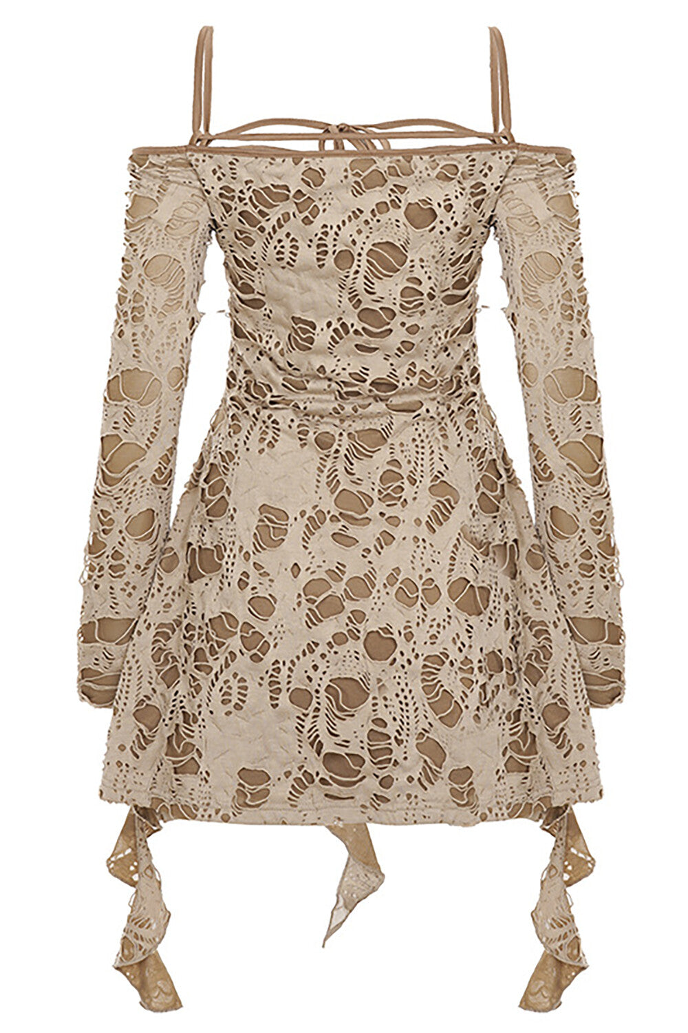 Off Shoulder Long Sleeve Ruffled Ripped Mini Dresses-Khaki