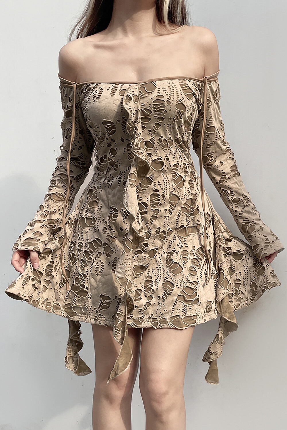 Off Shoulder Long Sleeve Ruffled Ripped Mini Dresses-Khaki