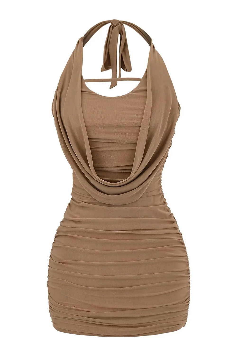 Halter Neck Draped Design Ruched Solid Color Bodycon Mini Dresses-Purple